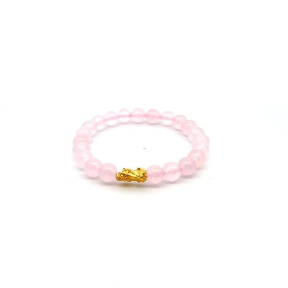 RAFANTHIA Jewelry - 24K Gold Piyao Pixiu Lucky Charm Bracelet Gemstones Rose Quartz 8mm S6.75"